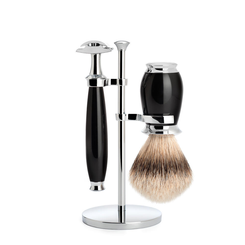 MUHLE PURIST Silvertip Badger Brush and Safety Razor Shaving Set in Black with Stand - S091K56SR