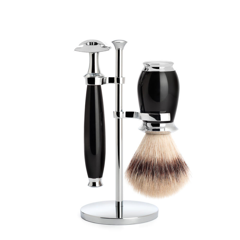 MUHLE PURIST Silvertip Fibre Shaving Brush and Safety Razor Shaving Set in Black with Stand - S31K56SR