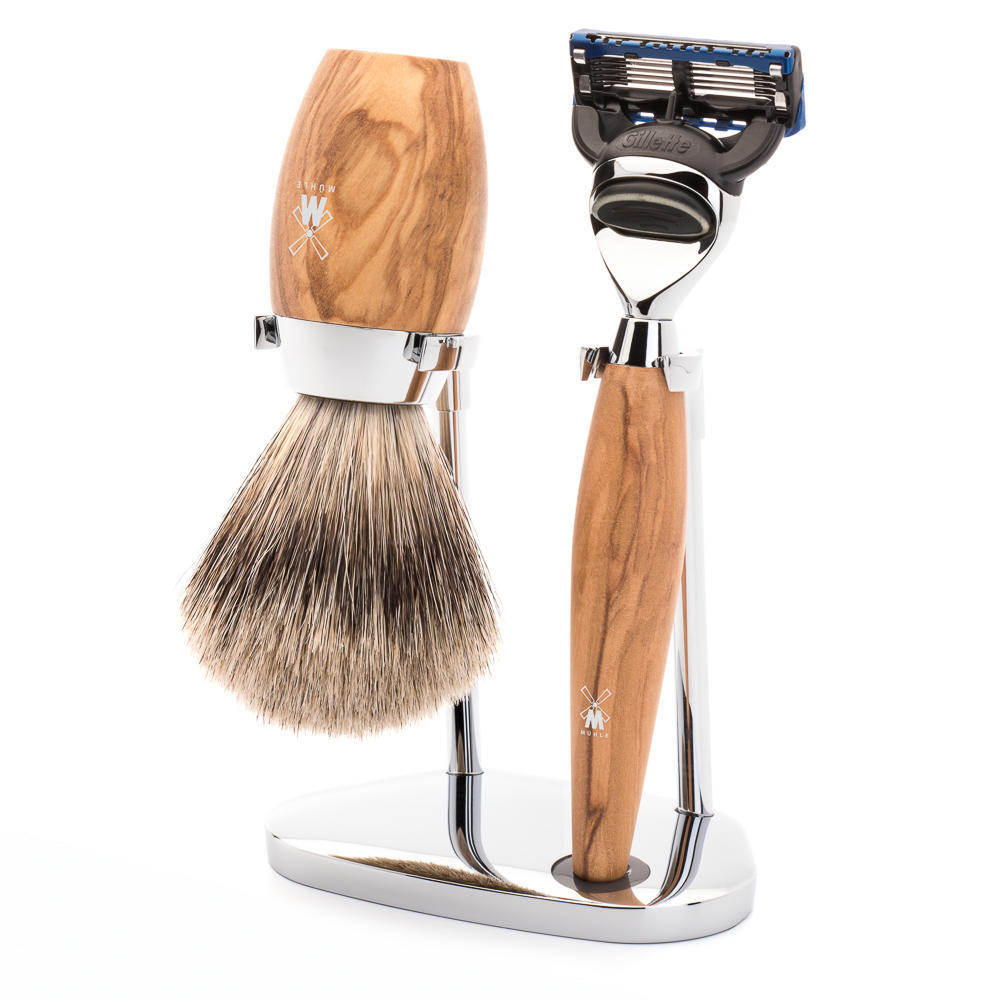 MÜHLE KOSMO 3-piece shaving set in olive wood Incl. fine badger shaving brush and Fusion razor