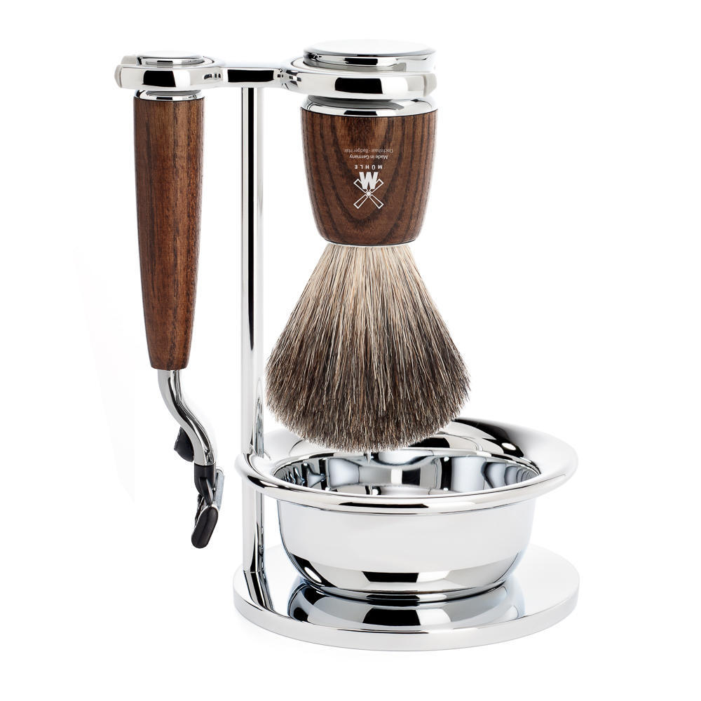 MUHLE RYTMO Steamed Ash 4-piece Pure Badger Brush and Mach3 Razor Shaving Set - S81H220SM3