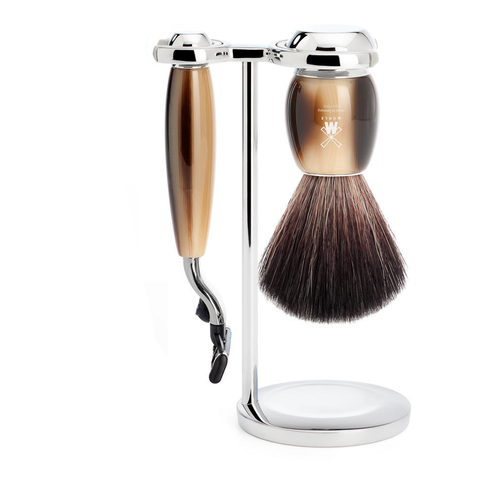 MUHLE VIVO Brown Horn Resin 3-piece Black Fibre Brush and Mach3 Shaving Set with Stand - S21M332M3