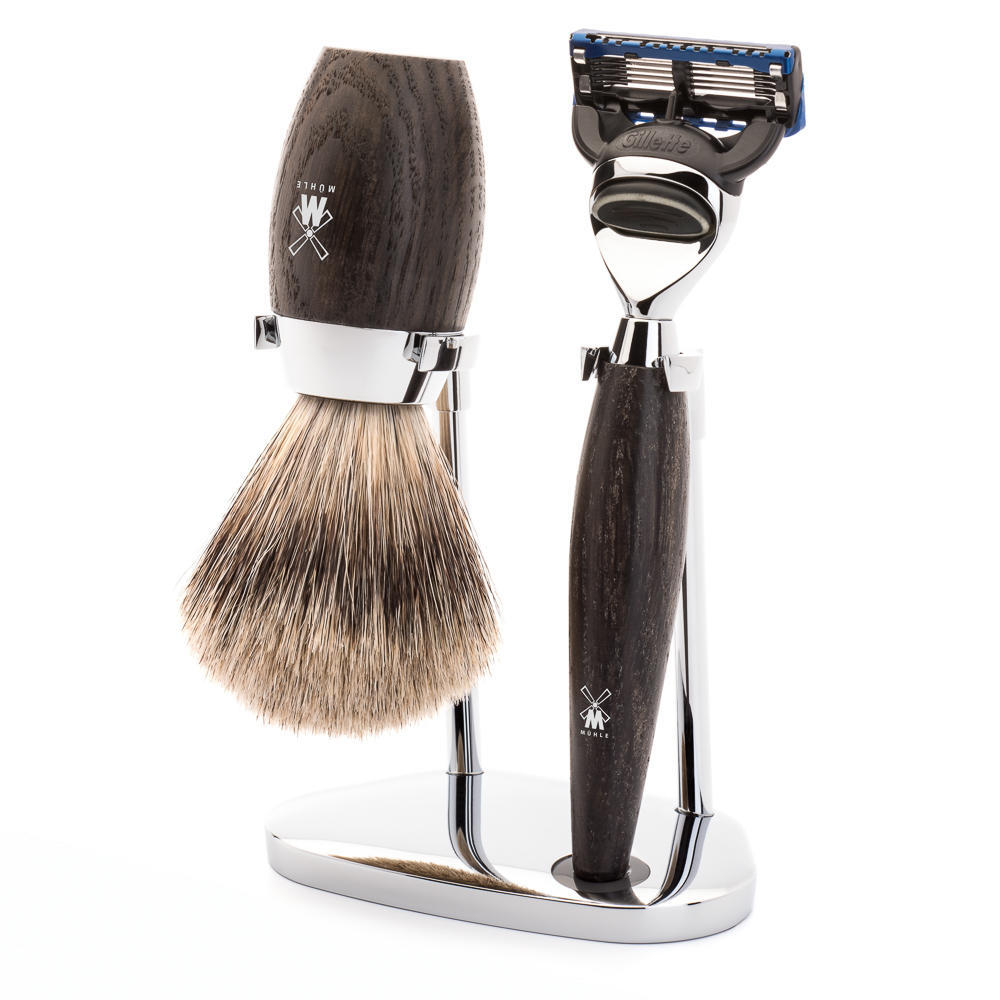 MÜHLE KOSMO 3-piece shaving set in bog oak Incl. fine badger shaving brush and Fusion razor