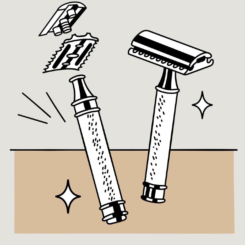  An illustration of the open and closed comb three-piece safety razor.