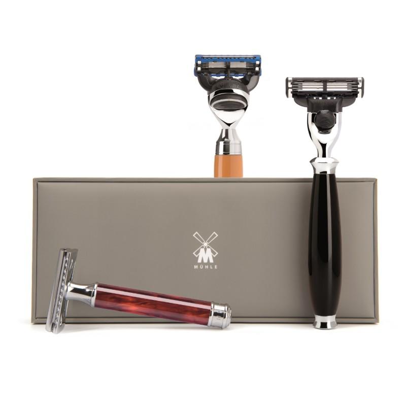 The MUHLE razor head selection featuring the R108 Safety Razor, the PURIST Black Mach3 and the STYLO Butterscotch Fusion.