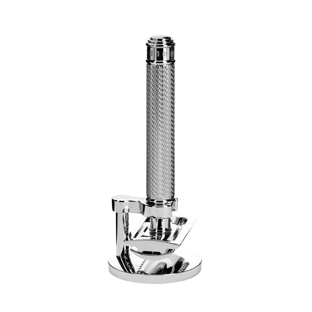 Pictured: The TRADITIONAL Closed Comb Safety Razor and Razor Stand Set by MÜHLE