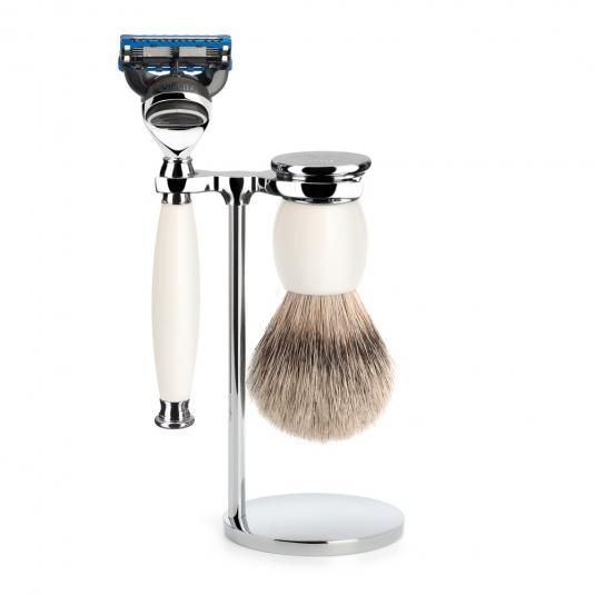 MUHLE SOPHIST Silvertip Badger Brush and Fusion Razor Shaving Set in Porcelain with Stand - S93P84F