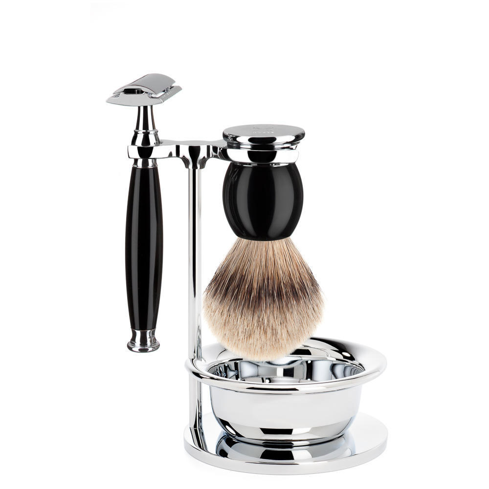 MUHLE SOPHIST Silvertip Badger brush and Safety Razor Shaving Set in Black with Bowl - S93K44SSR