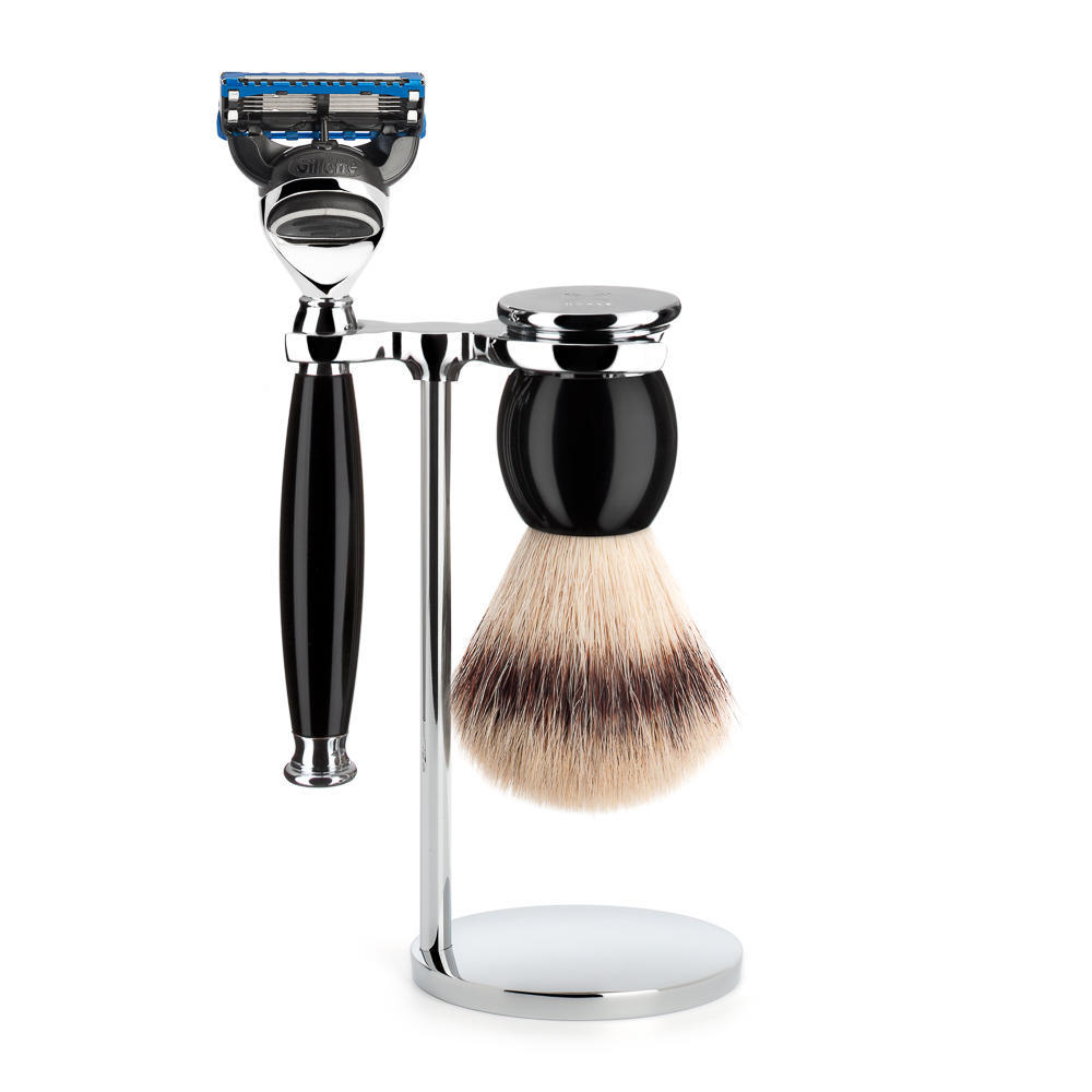 MUHLE SOPHIST Silvertip Fibre Brush and Fusion Razor Shaving Set in Black with Stand - S33K44F