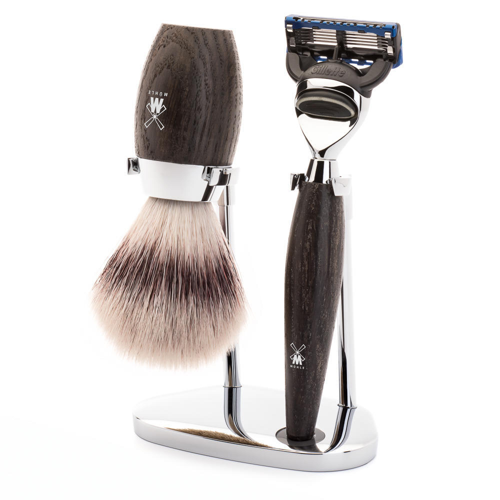 MÜHLE KOSMO 3-piece shaving set in bog oak Incl. silvertip fibre shaving brush and Fusion razor