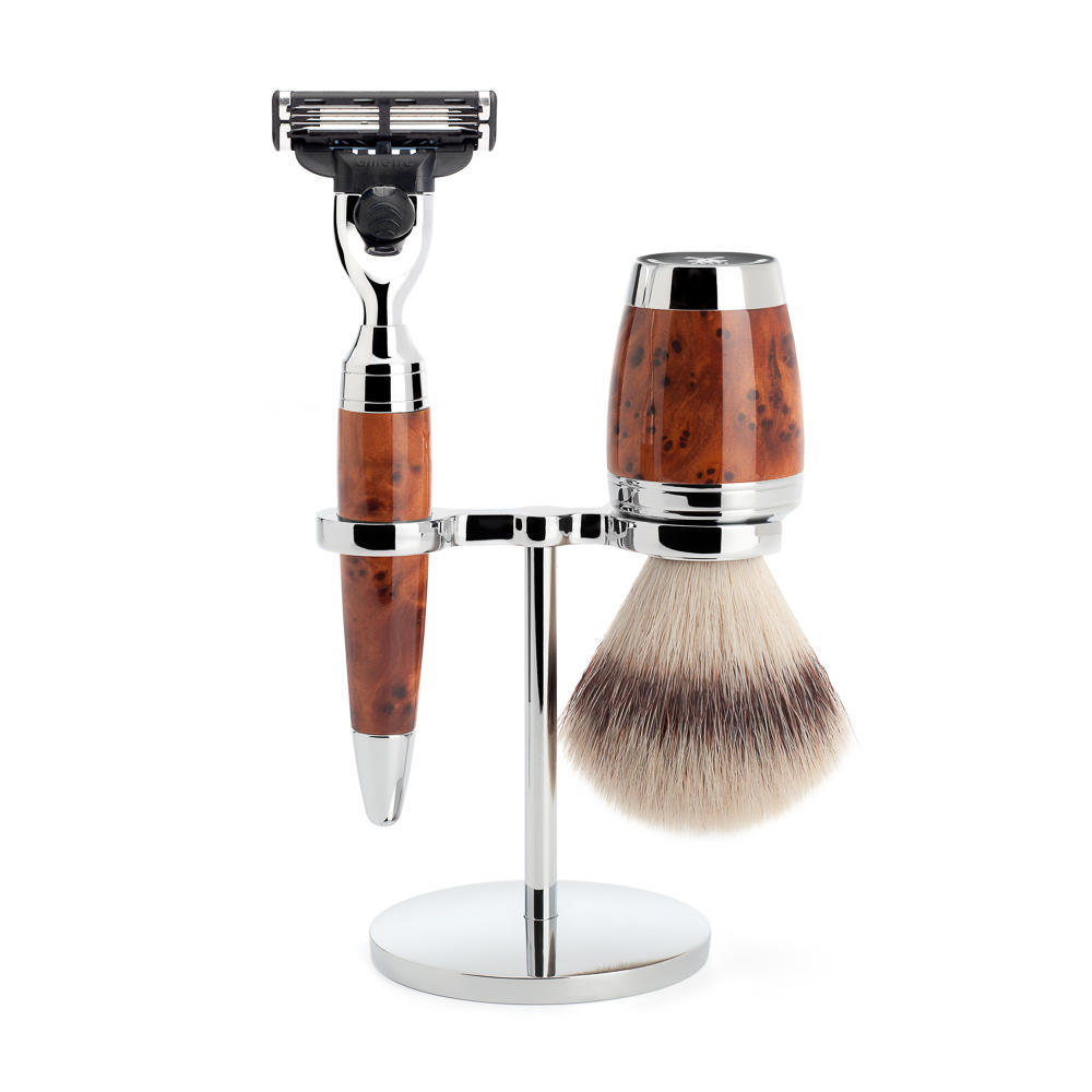 MÜHLE STYLO 3-piece shaving set in thuja wood Incl. silvertip fibre shaving brush and Mach3 razor