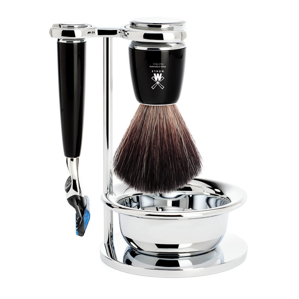 MÜHLE RYTMO 4-piece shaving set in black Incl. black fibre shaving brush, Fusion Razor and bowl