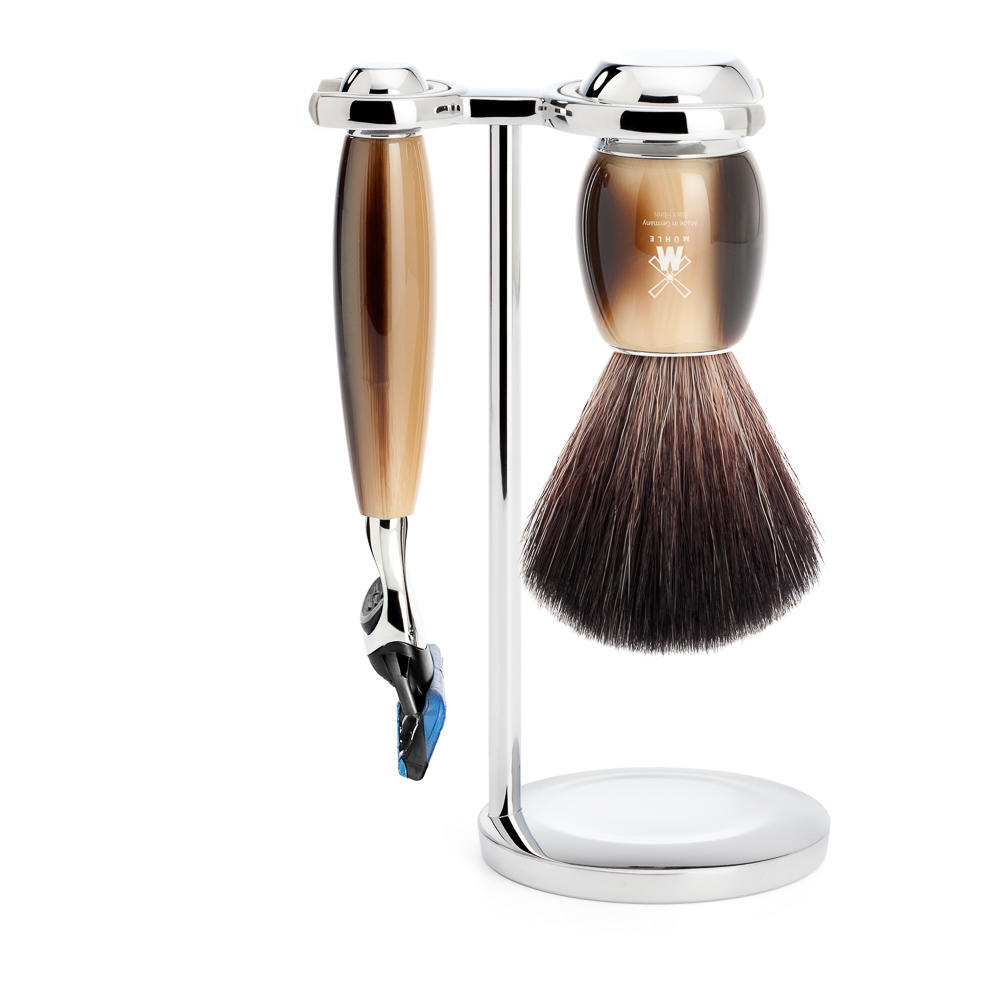 MUHLE VIVO Brown Horn Resin 3-piece Black Fibre Brush and Fusion Razor Shaving Set with Stand - S21M332F
