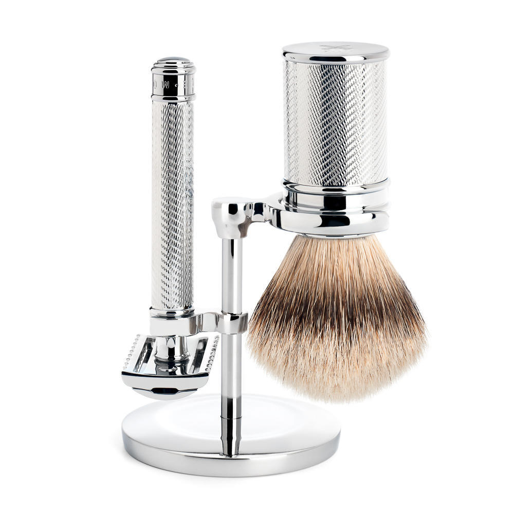MUHLE Chrome Silvertip Badger Brush and Open Comb Safety Razor Shaving Set - S091M41