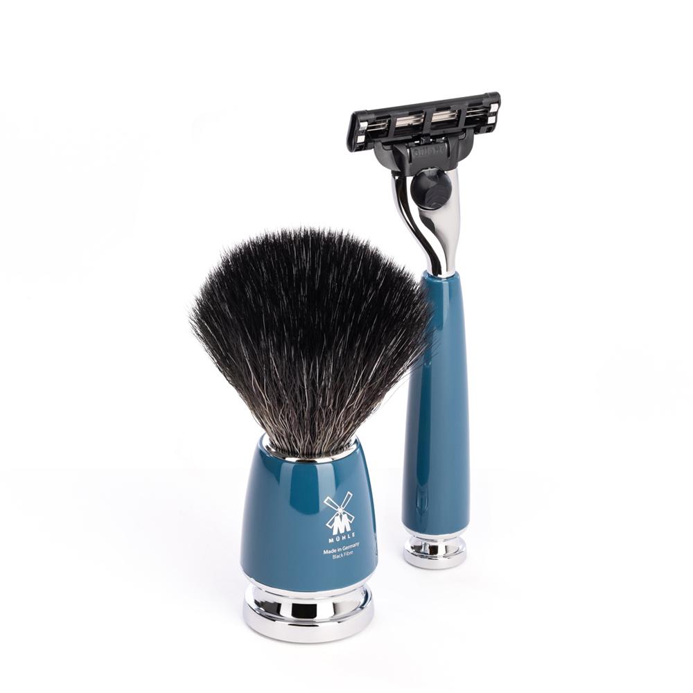 MUHLE RYTMO Petrol Blue 3-piece Black Fibre Brush Mach3 Shaving Set