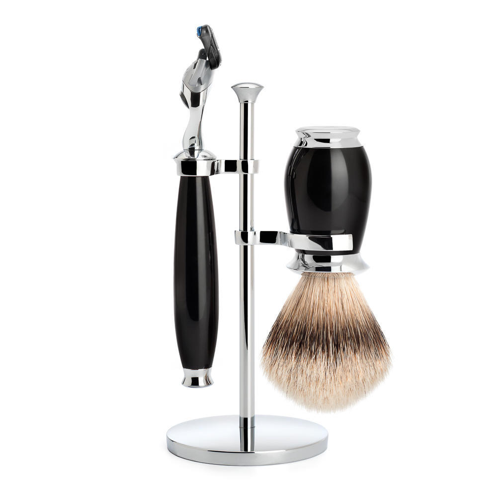MUHLE PURIST Silvertip Badger Brush and Fusion Razor Shaving Set in Black with Stand - S091K56F