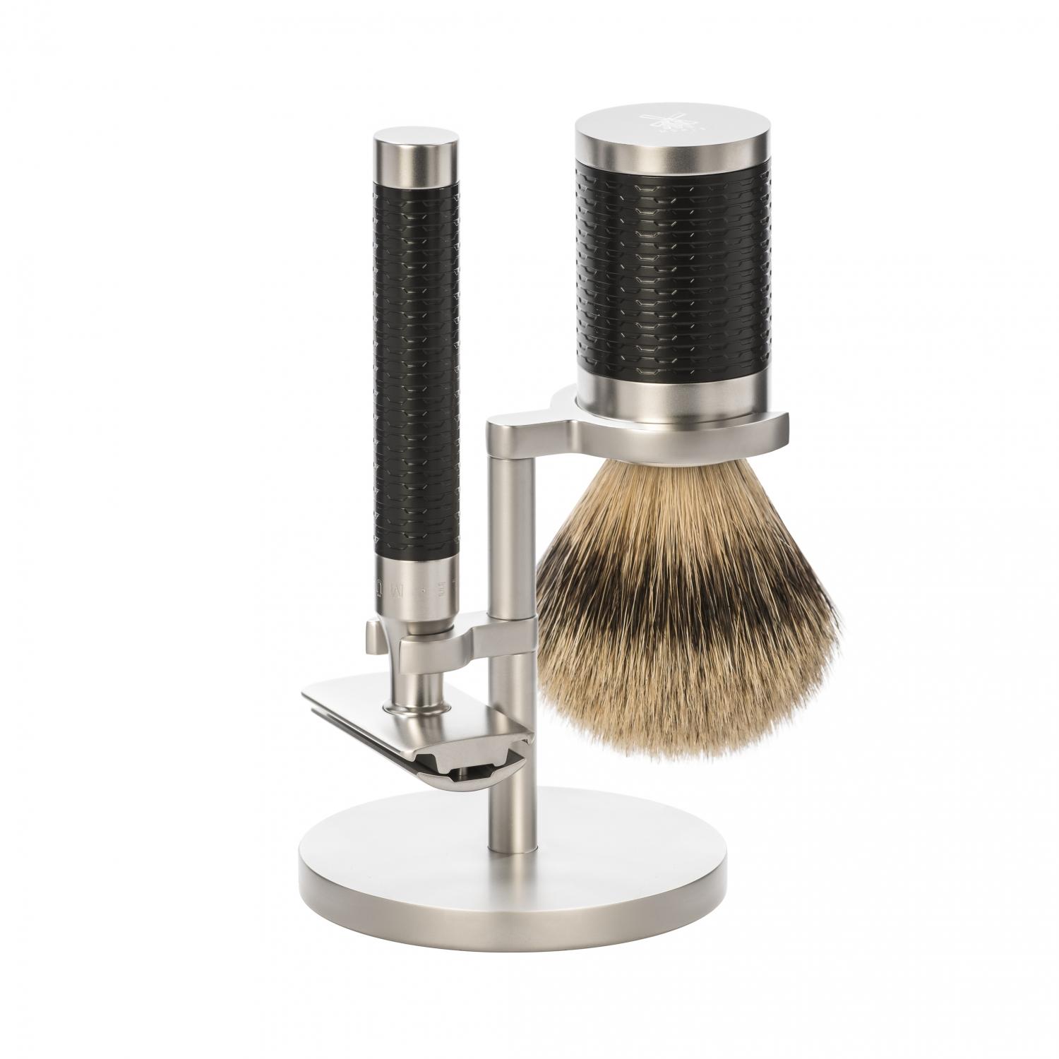 Shaving set from MÜHLE, silvertip badger, handle material stainless steel/black.