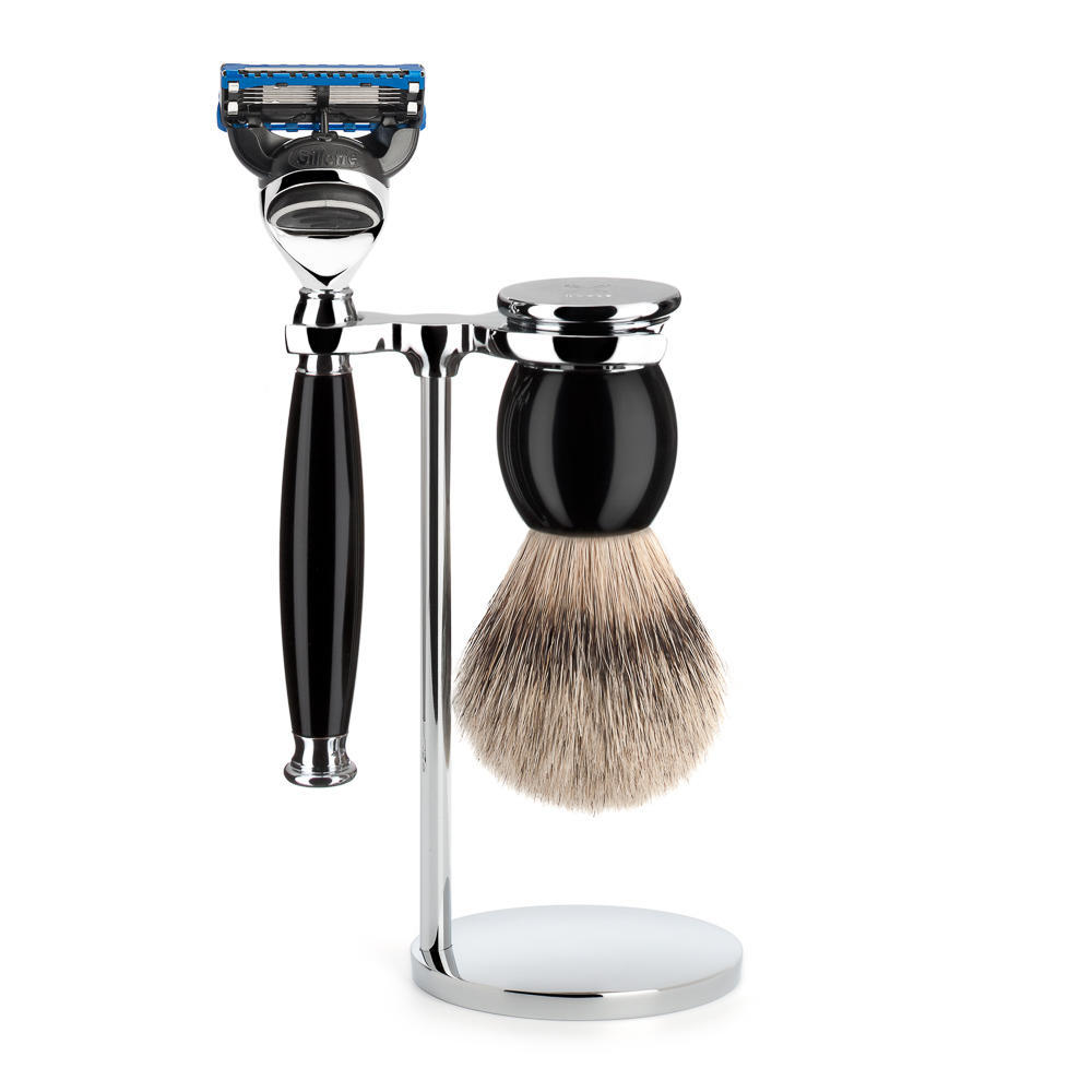 MUHLE SOPHIST Silvertip Badger Brush and Fusion Razor Shaving Set in Black with Stand - S93K44F