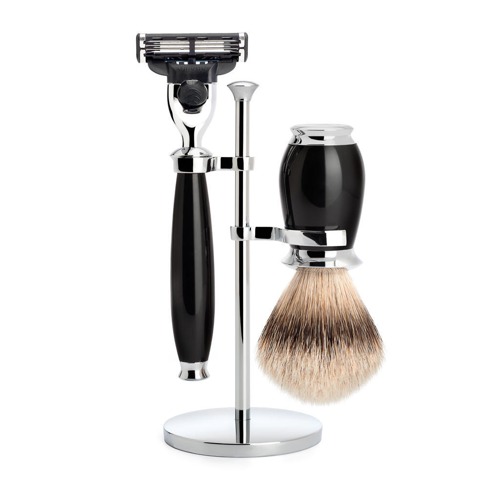 MUHLE PURIST Silvertip Badger Brush and Mach3 Razor Shaving Set in Black with Stand - S091K56M3