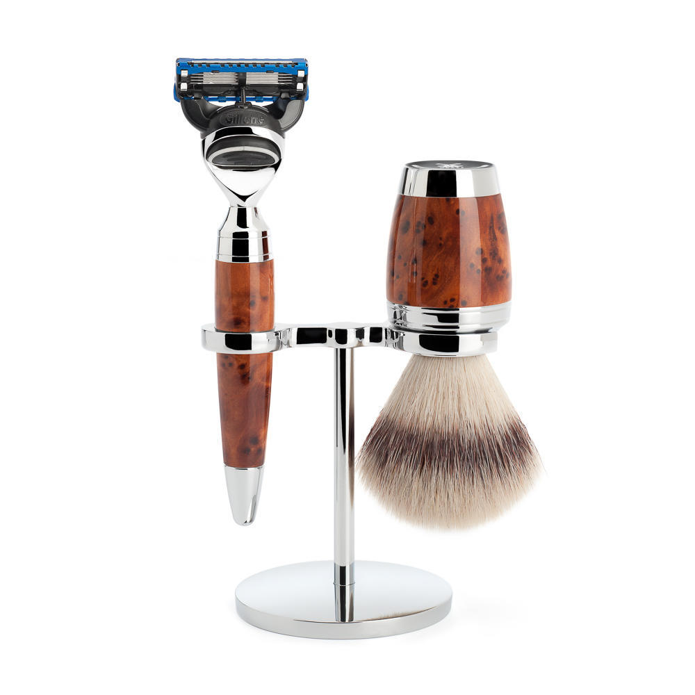 MÜHLE STYLO 3-piece shaving set in thuja wood Incl. silvertip fibre shaving brush and fusion razor