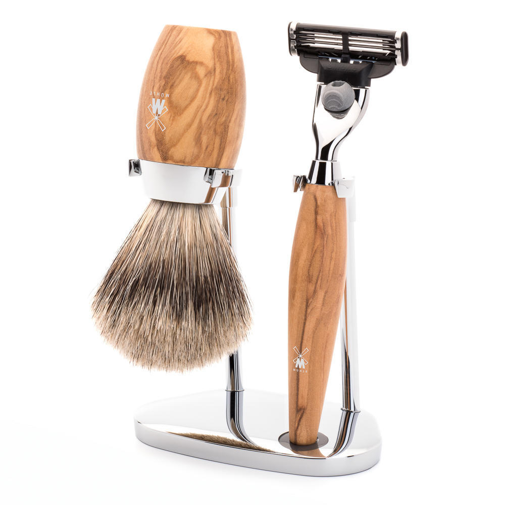 MÜHLE KOSMO 3-piece shaving set in olive wood Incl. fine badger shaving brush and Mach3 razor
