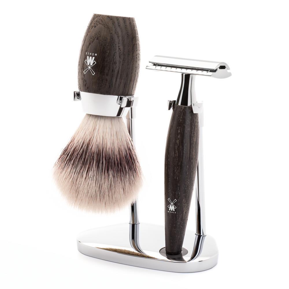MÜHLE KOSMO 3-piece shaving set in bog oak Incl. silvertip fibre shaving brush and safety razor