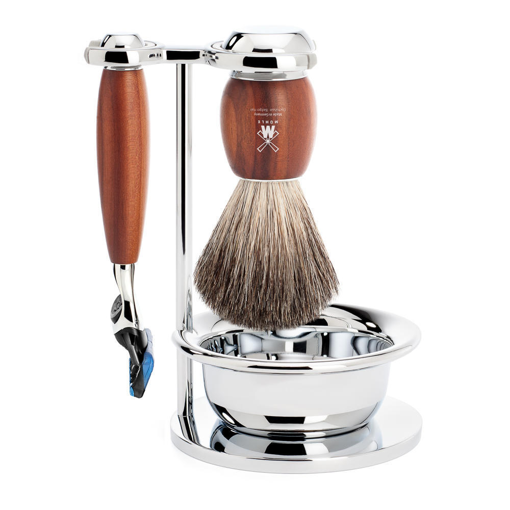 MUHLE VIVO Plumwood 4-piece Pure Badger Brush and Fusion Razor Shaving Set with Stand and Bowl - S81H331SF