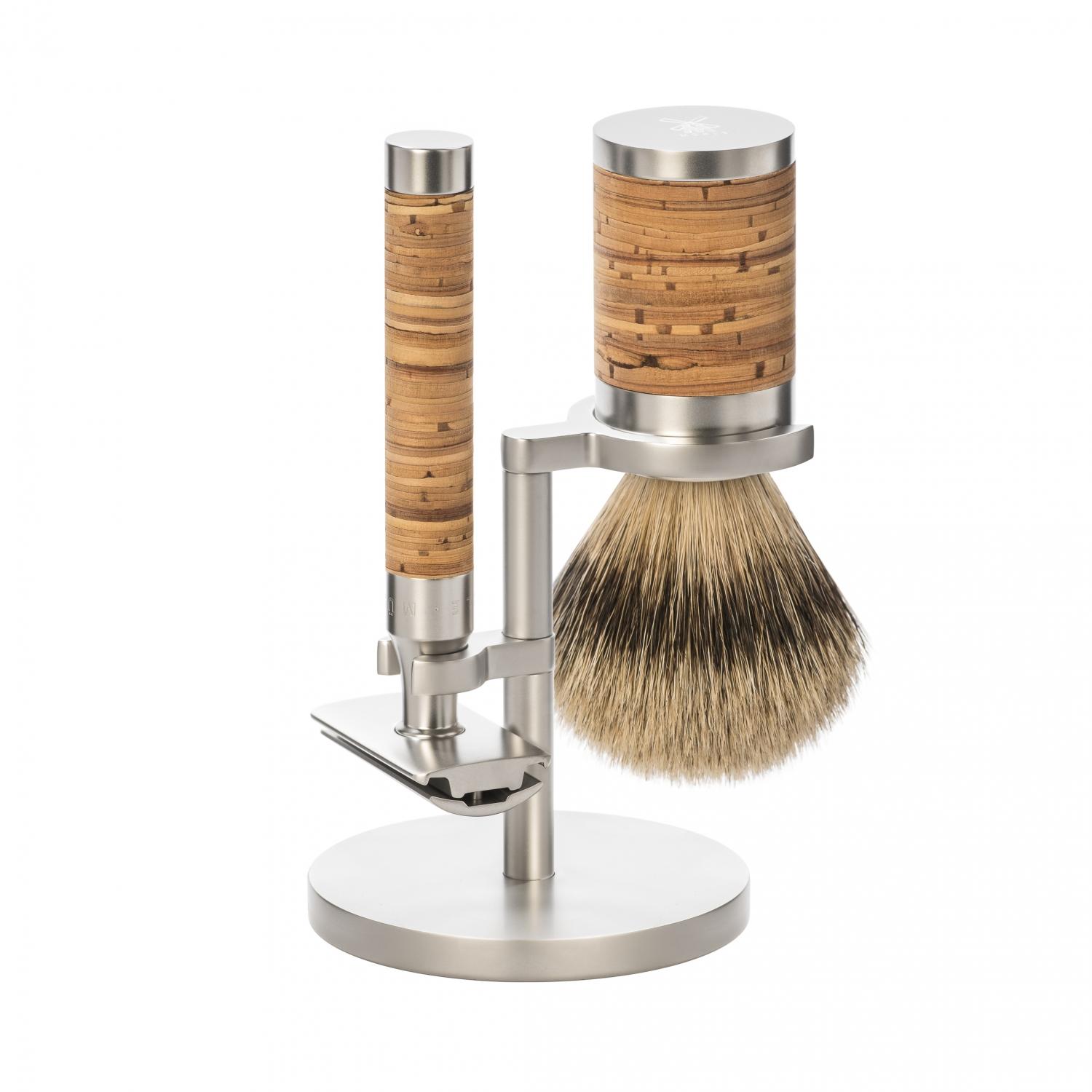 MÜHLE silvertip badger 3 piece shaving set in stainless steel and birch bark