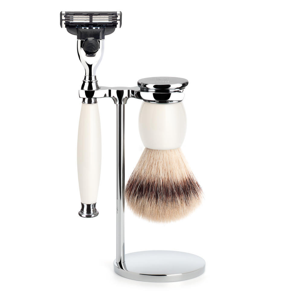 MUHLE SOPHIST Silvertip Fibre Brush and Mach3 Razor Shaving Set in Porcelain with Stand - S33P84M3
