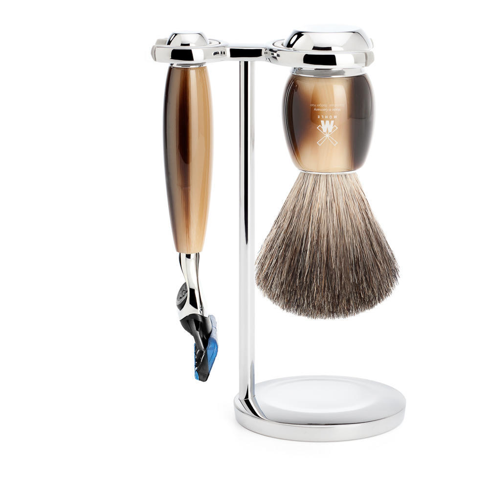 MUHLE VIVO Brown Horn Resin 3-piece Pure Badger Brush and Fusion Razor Shaving Set - S81M332F