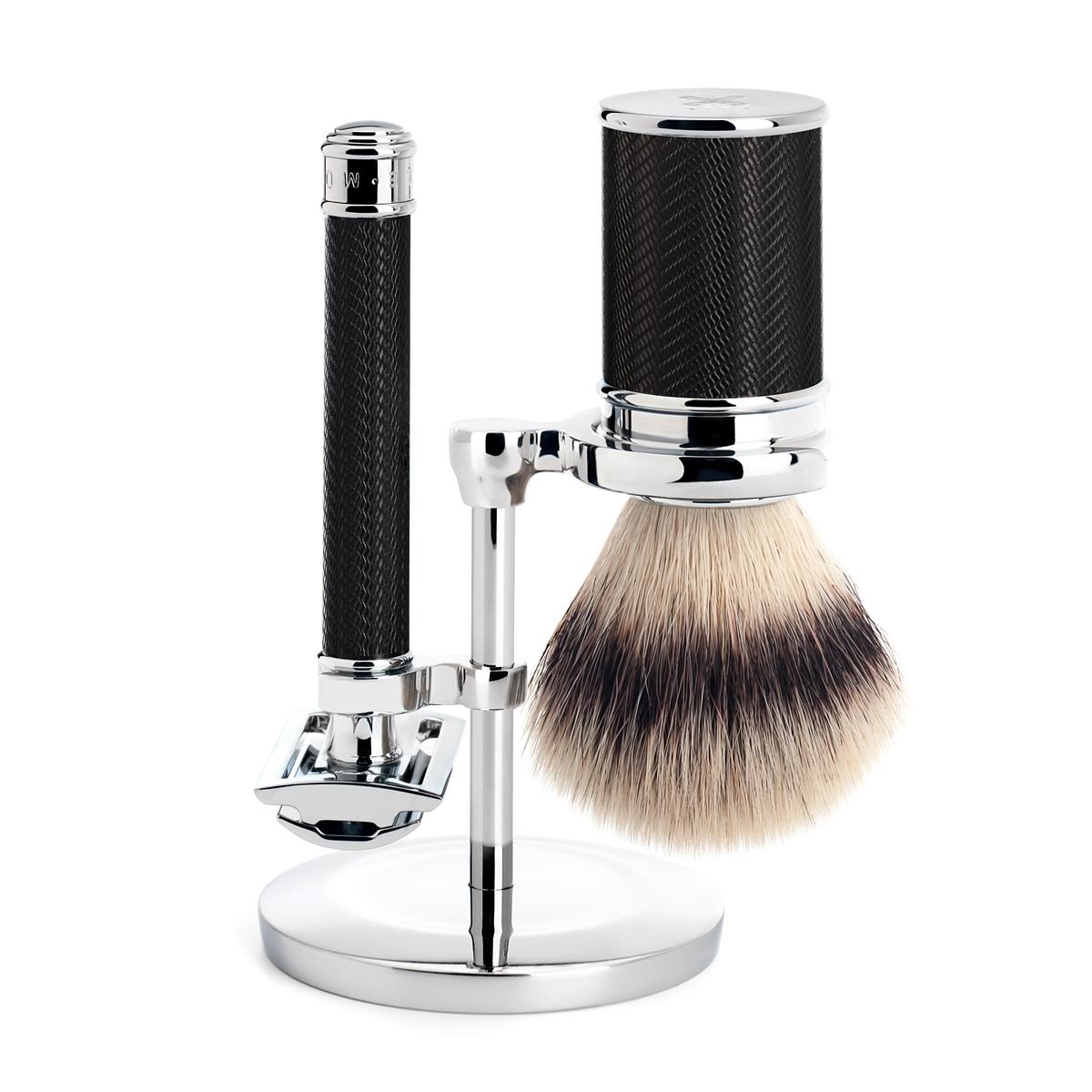 MUHLE Black and Chrome Silvertip Fibre and Safety Razor (Closed Comb) Shaving Set