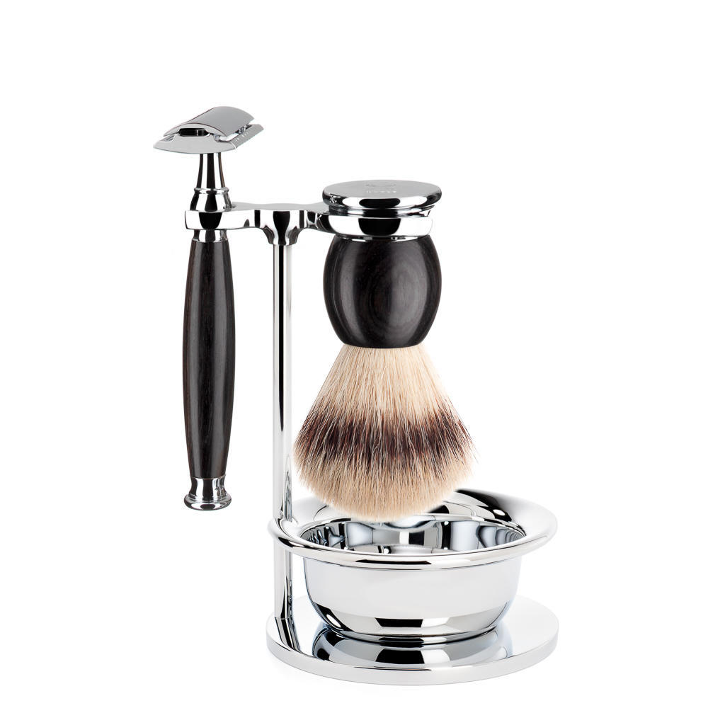 MUHLE SOPHIST Silvertip Fibre Brush and Safety Razor Shaving Set in Grenadille with Bowl and Stand - S33H85SSR