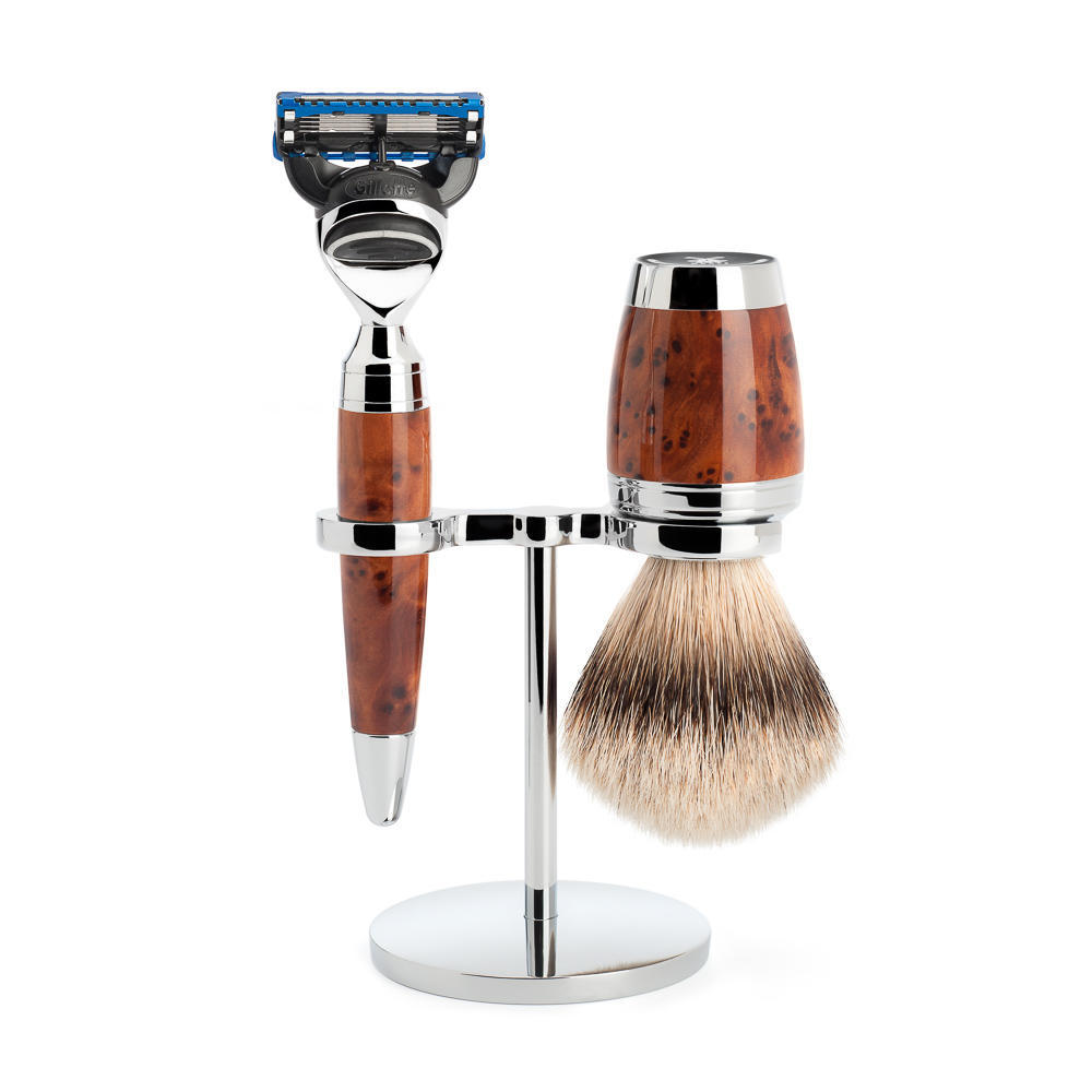 MÜHLE STYLO 3-piece shaving set in thuja wood Incl. silvertip badger shaving brush and Fusion razor