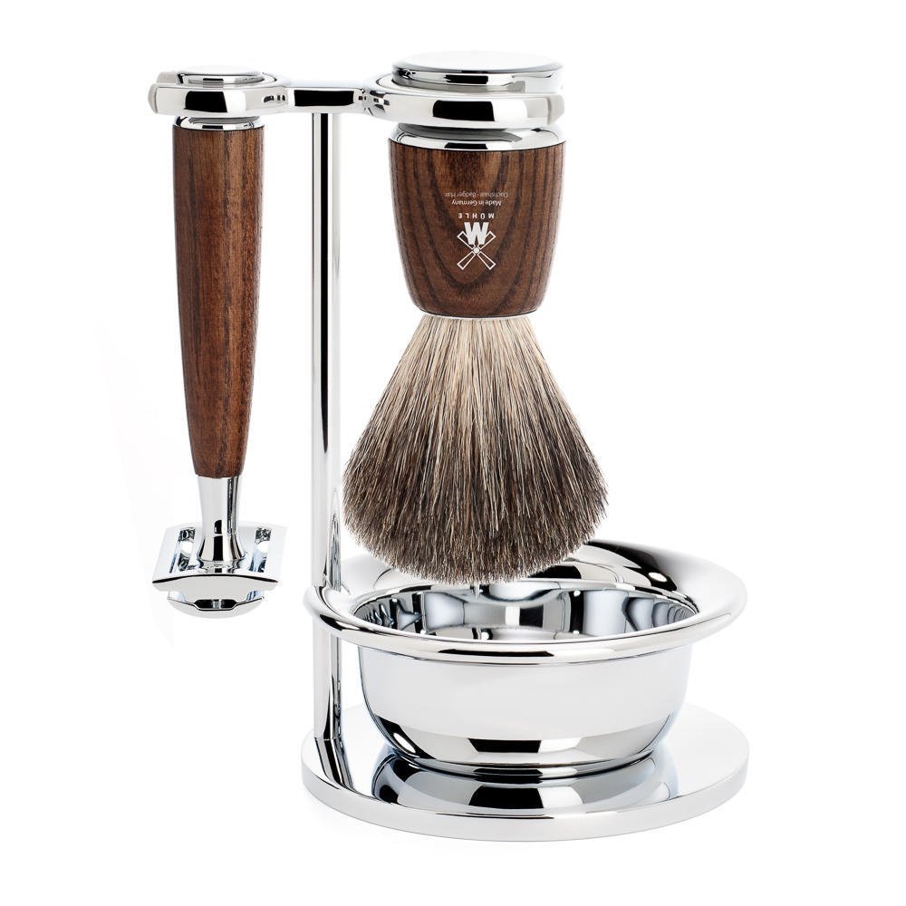 MUHLE RYTMO Steamed Ash 4-piece Pure Badger Brush and Safety Razor Shaving Set - S81H220SSR