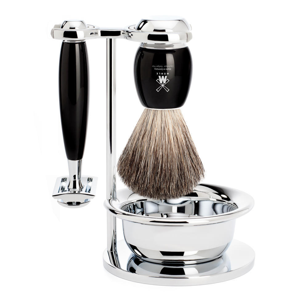 MUHLE VIVO Black 4-piece Pure Badger Brush and Safety Razor Shaving Set with Bowl - S81M336SSR