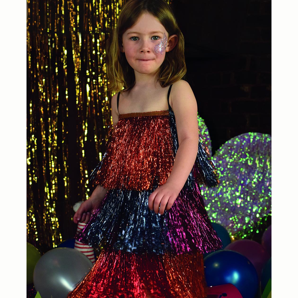 Tinsel dress has multicoloured foil fringing, great style for parties