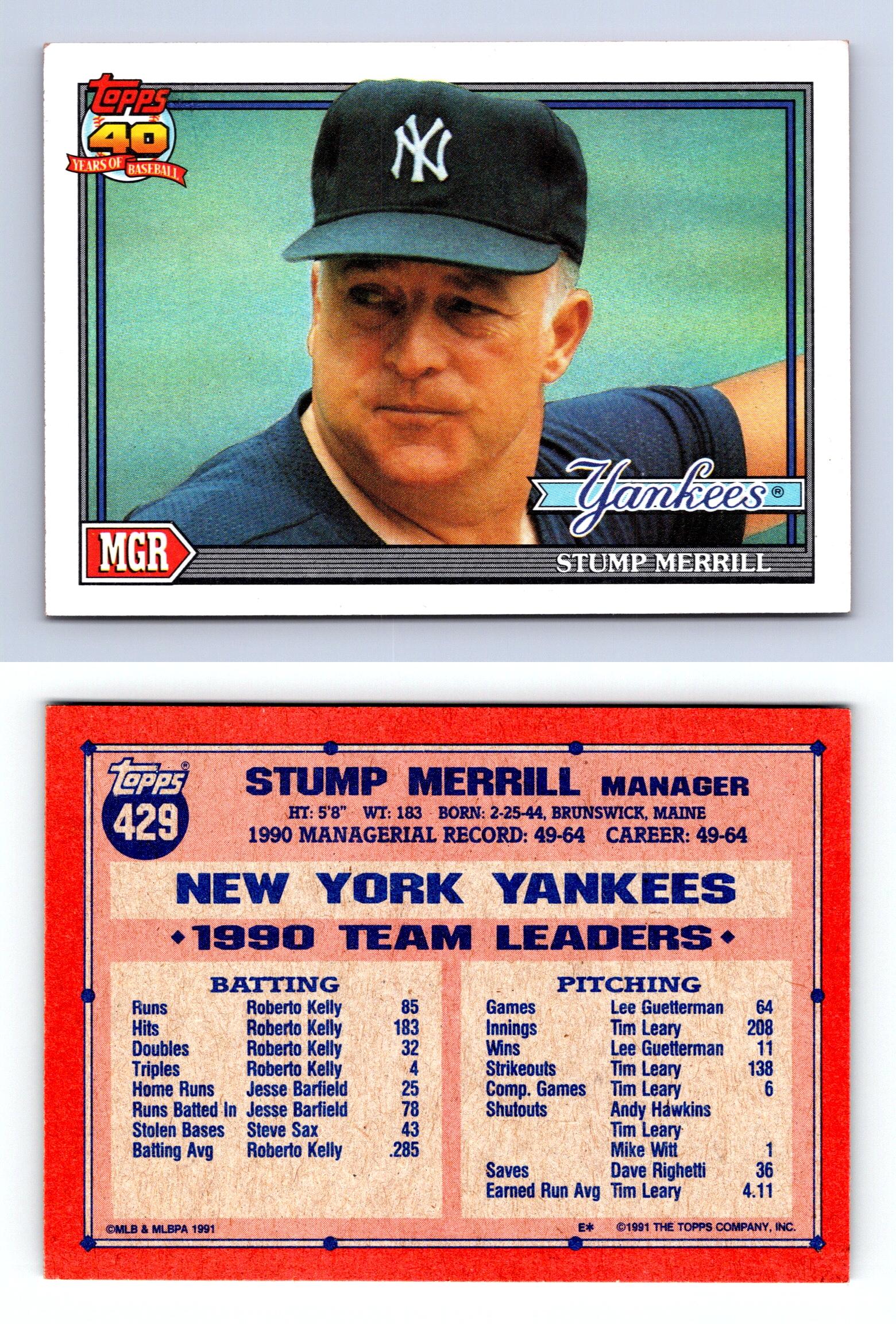 Stump Merrill #429 Topps 40 Years Of Baseball 1991 MLB Trading Card