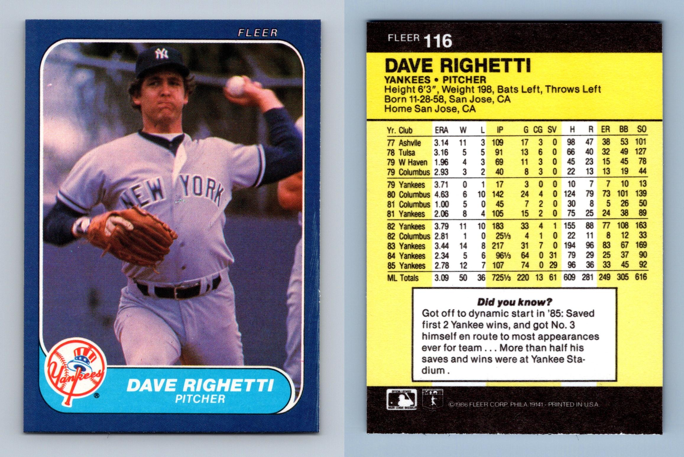 Dave Righetti - Yankees #116 Fleer 1986 Baseball Trading Card