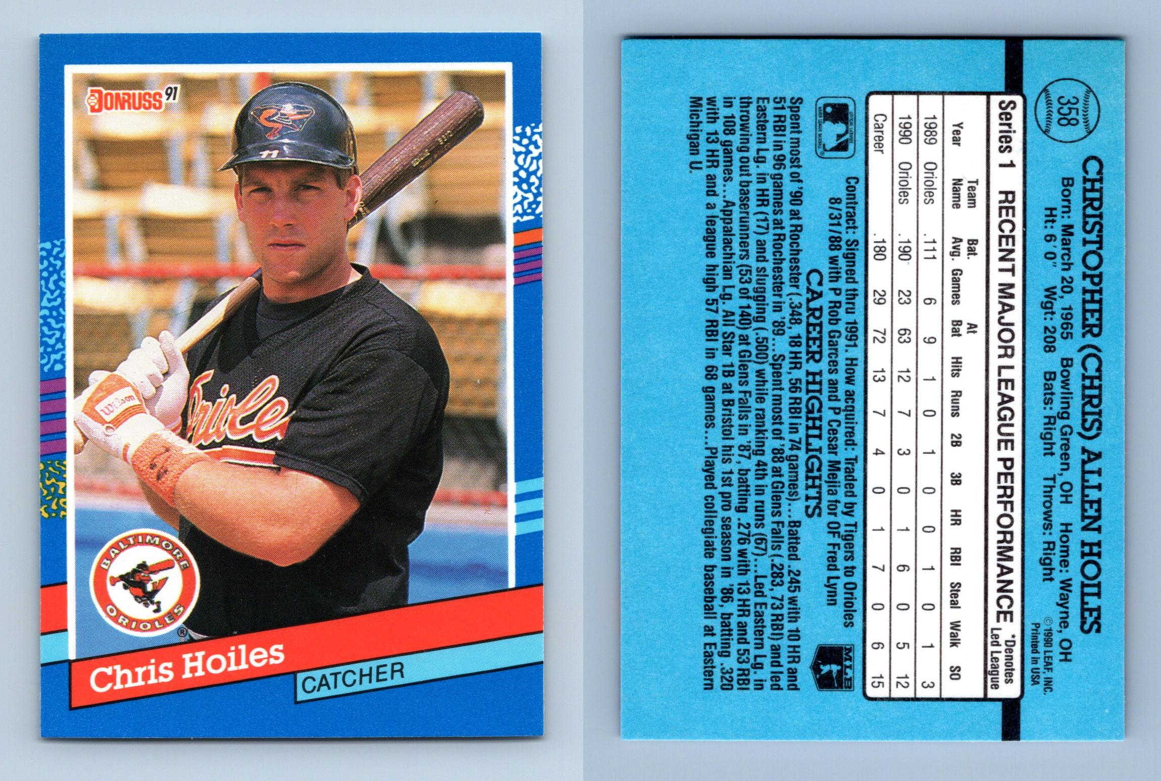 Chris Hoiles - Orioles #358 Donruss 1991 Baseball Trading Card