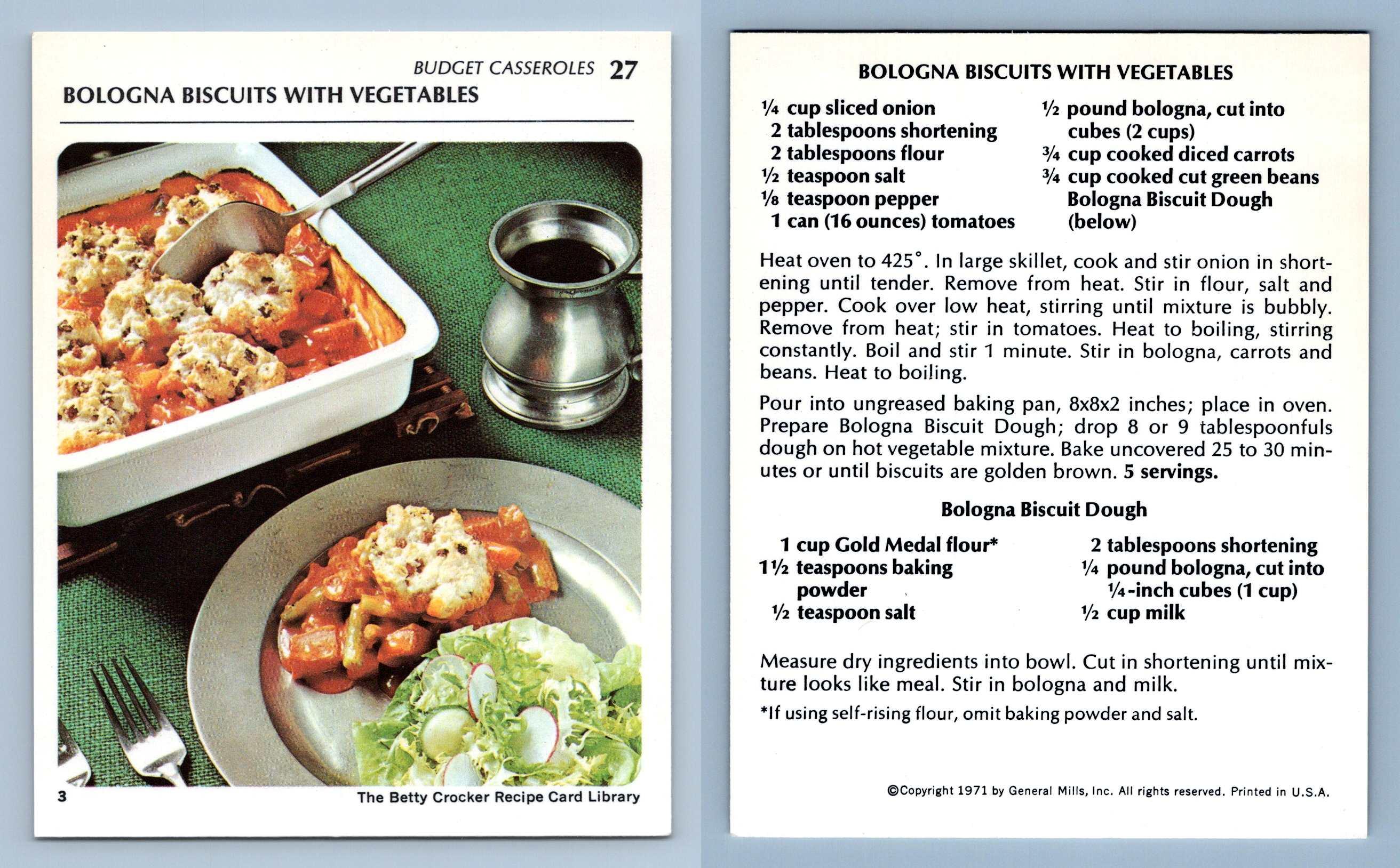 Bologna Biscuits 27 Budget Casseroles Betty Crocker 1971 Recipe Card