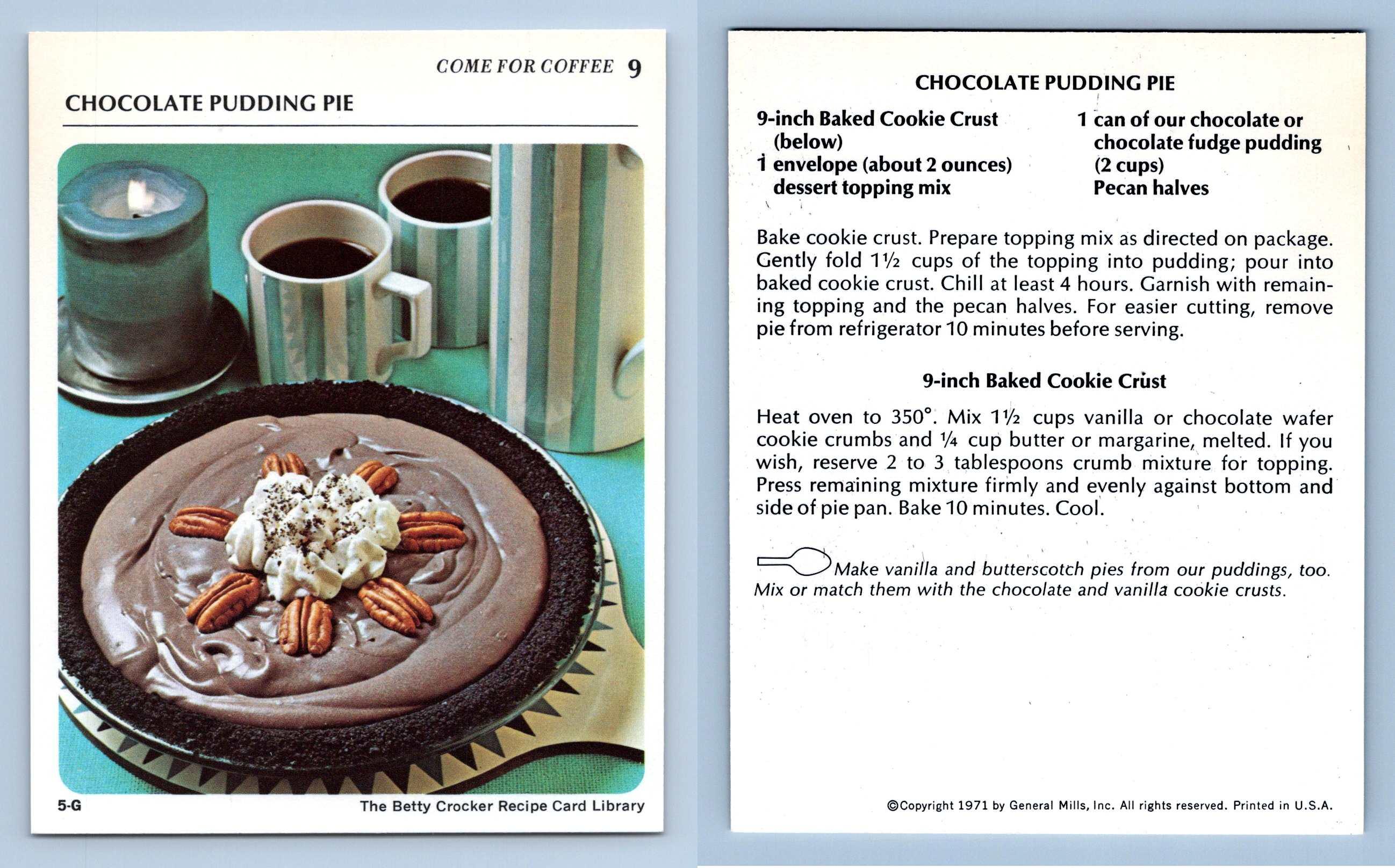 Chocolate Pudding Pie 9 Coffee Betty Crocker 1971 Recipe Card