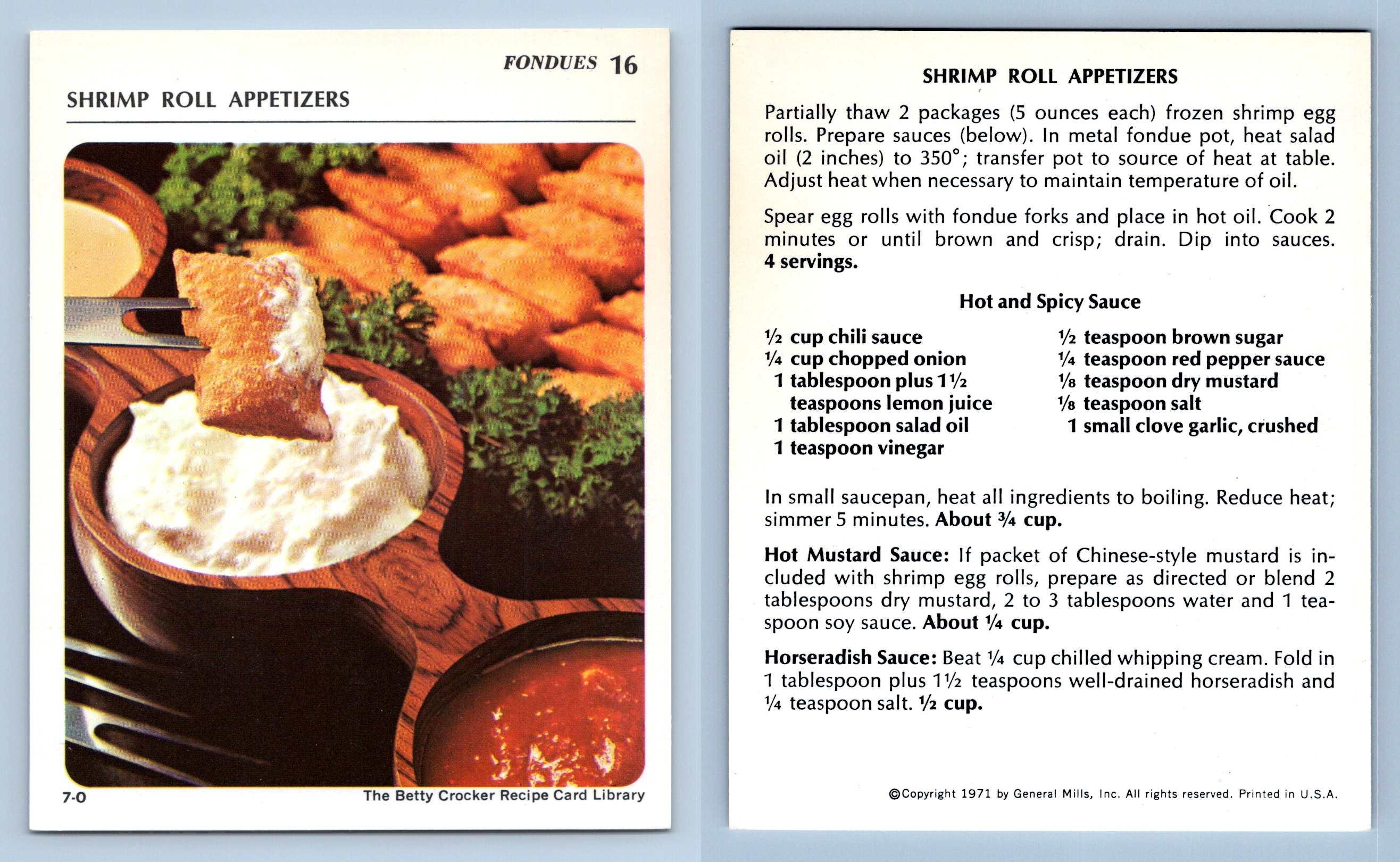 Shrimp Roll Appetizers 16 Fondues Betty Crocker 1971 Recipe Card