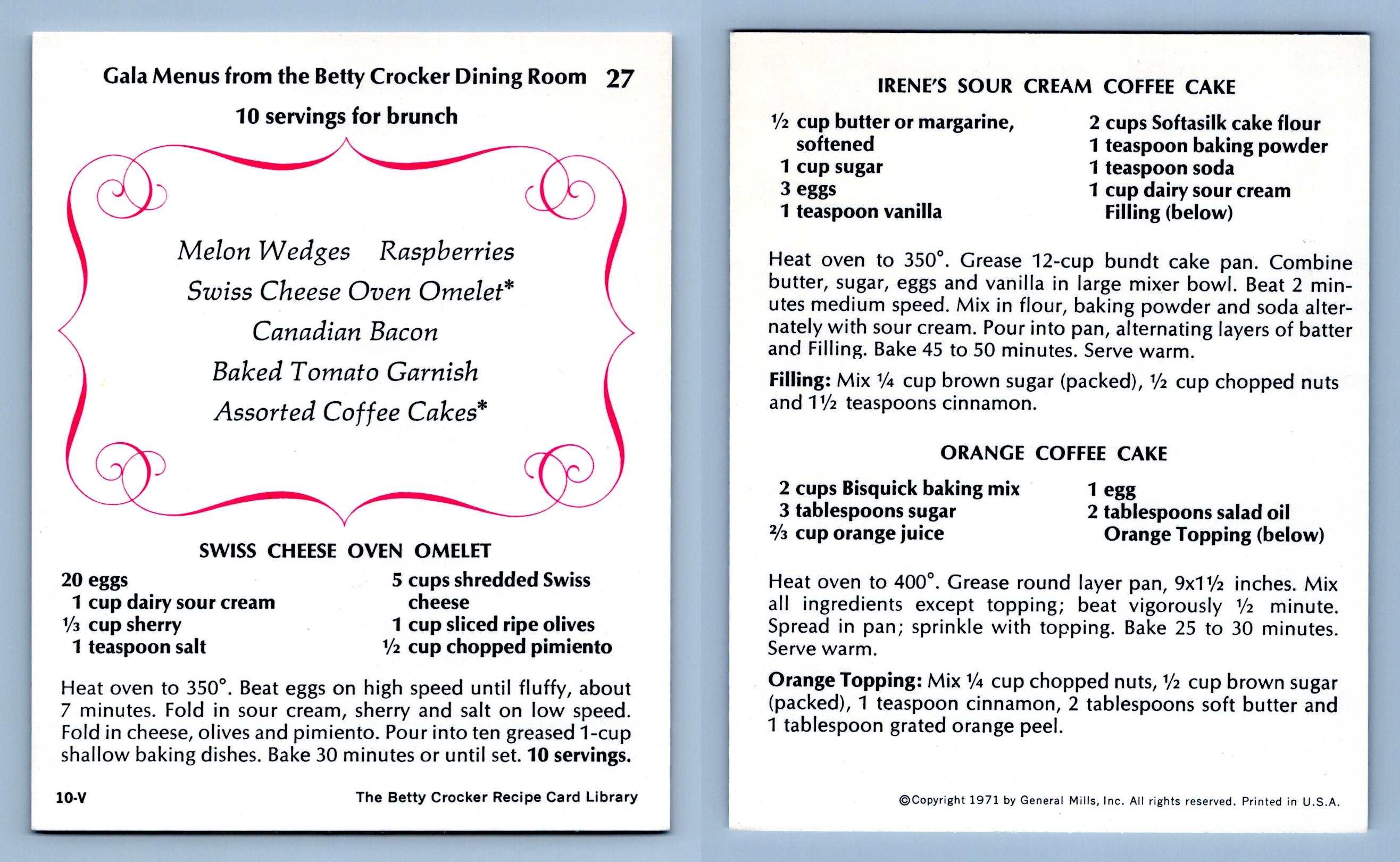 Swiss Cheese Oven Omelet 27 Gala Menus Betty Crocker 1971 Recipe Card