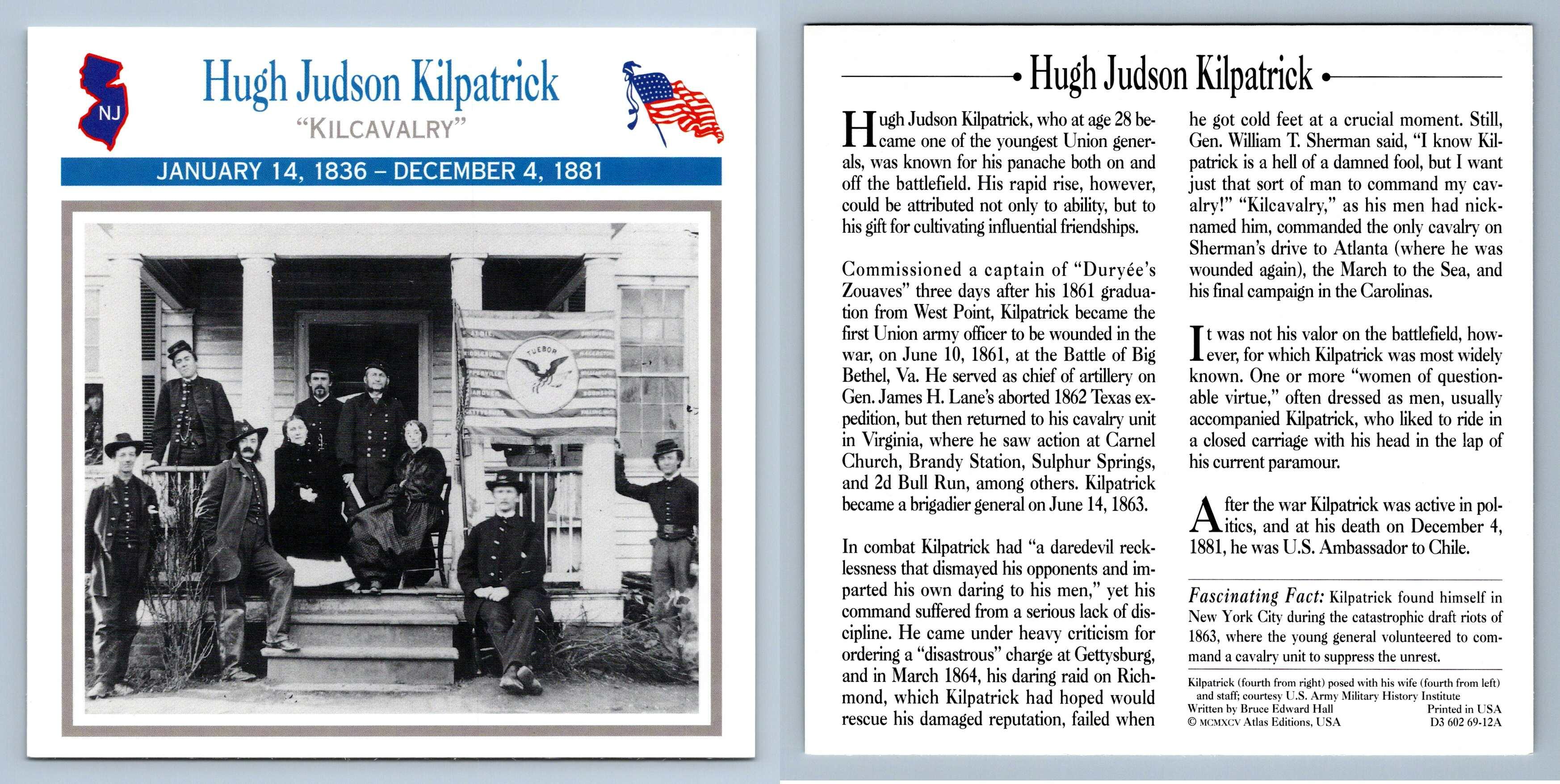 Kilcavalry Hugh Judson Kilpatrick Officers Atlas Ed. Civil War Card