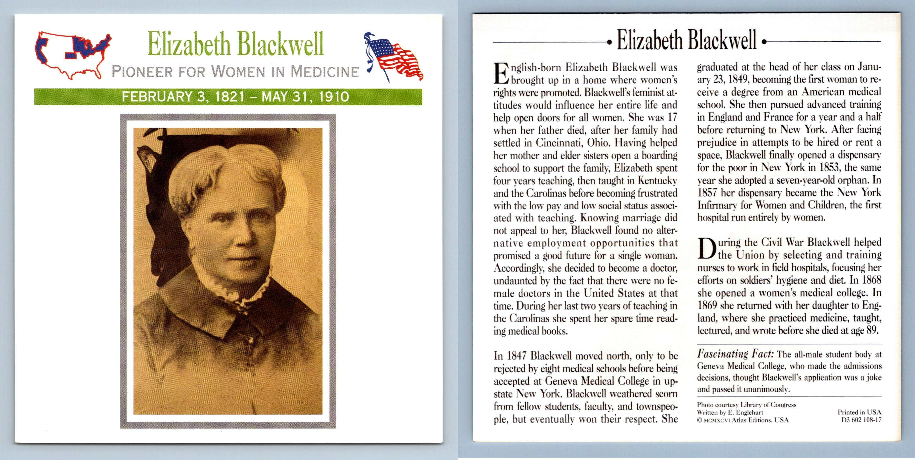 Pioneer For Women In Medicine Elizabeth Blackwell Medical Atlas Ed. Civil War Card