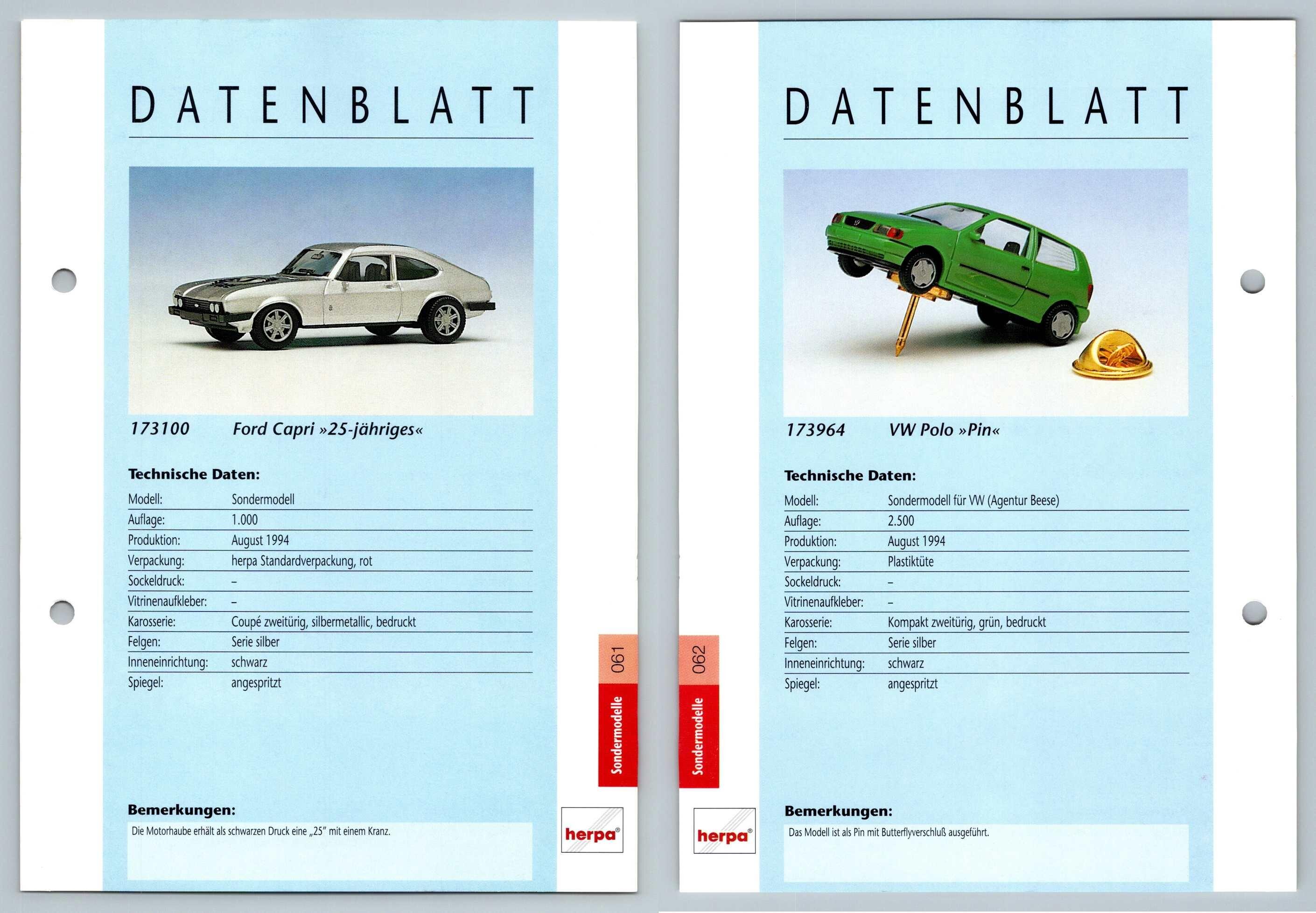 Ford Capri / VW Polo 61/62 Sondermodelle Datenblatt Herpa Data Sheet