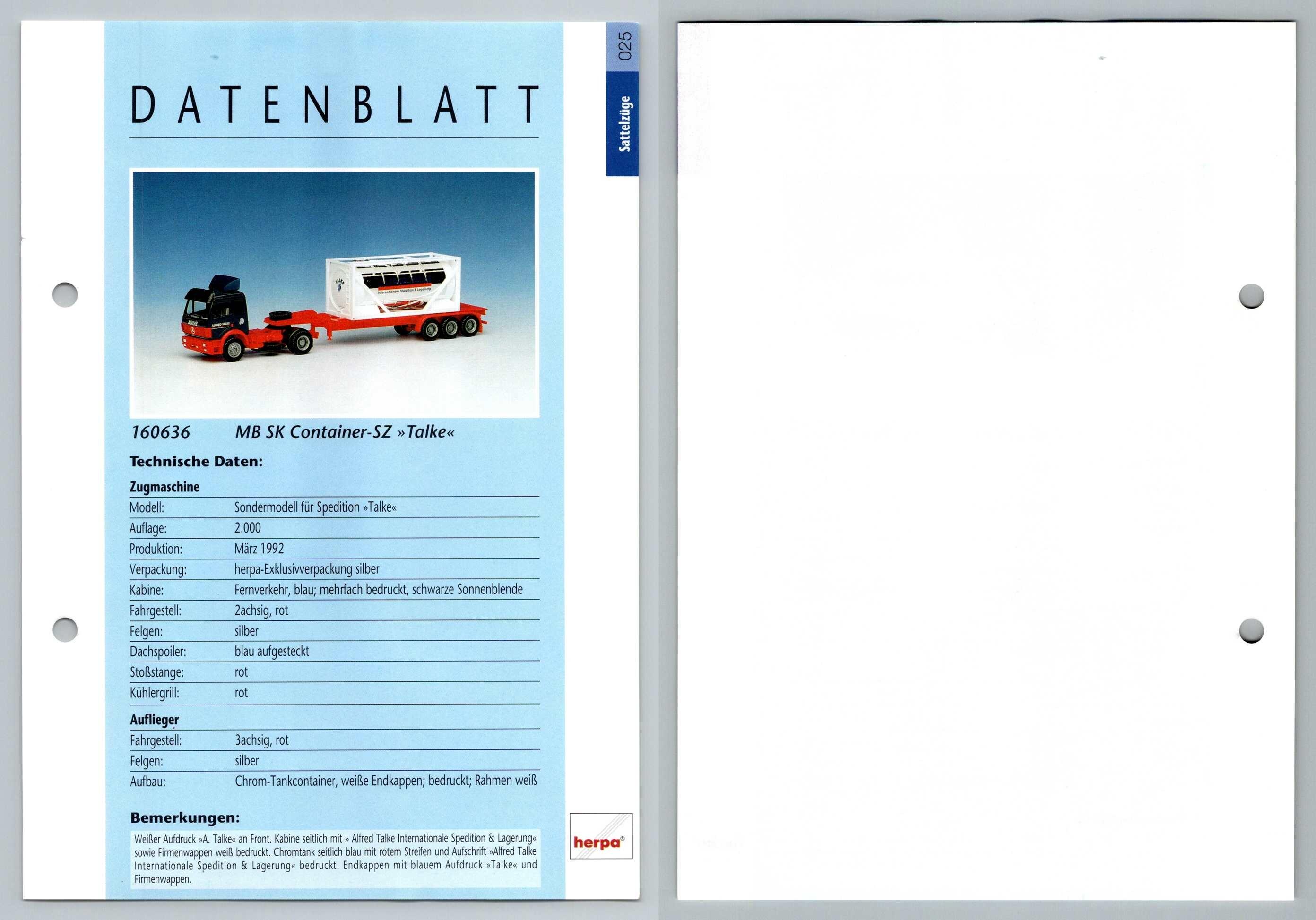 Mb Sk Container Sz Talke 25 Sattelzuge Datenblatt Herpa Data Sheet