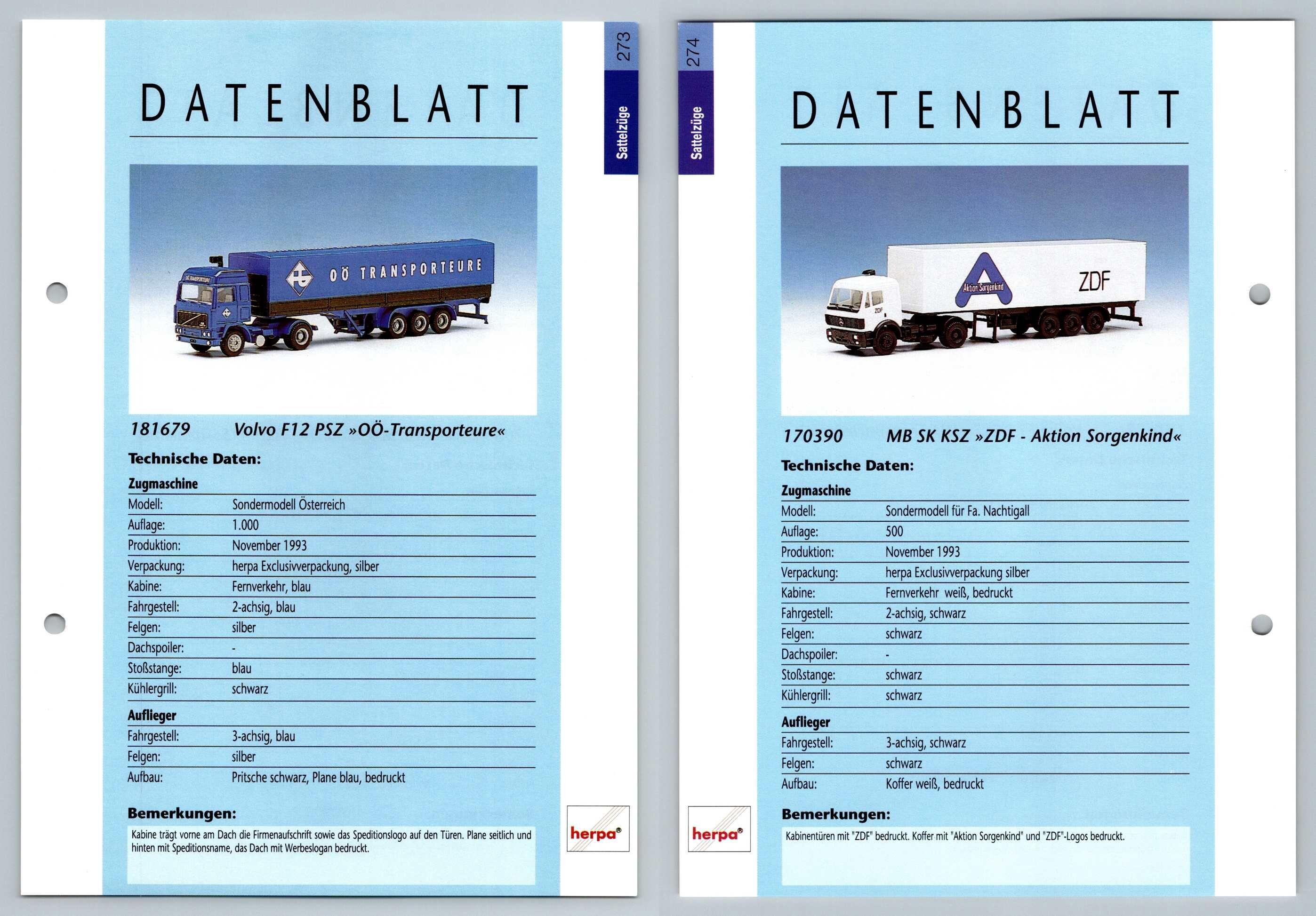 Volvo F12 Mb Sk Ksz 273 274 Sattelzuge Datenblatt Herpa Data Sheet