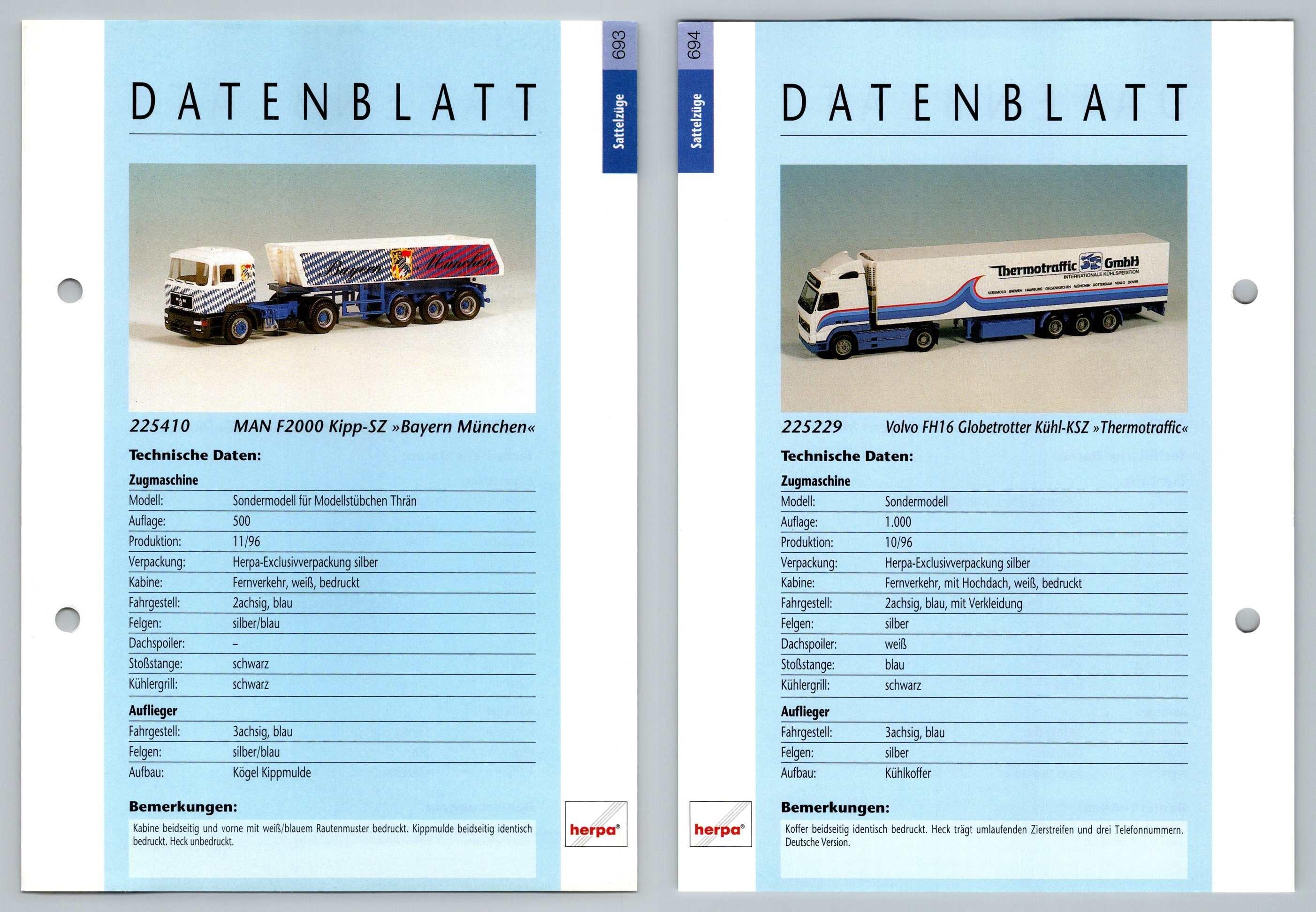 Man F2000 Kipp Volvo Fh16 693 4 Sattelzuge Datenblatt Herpa Data Sheet