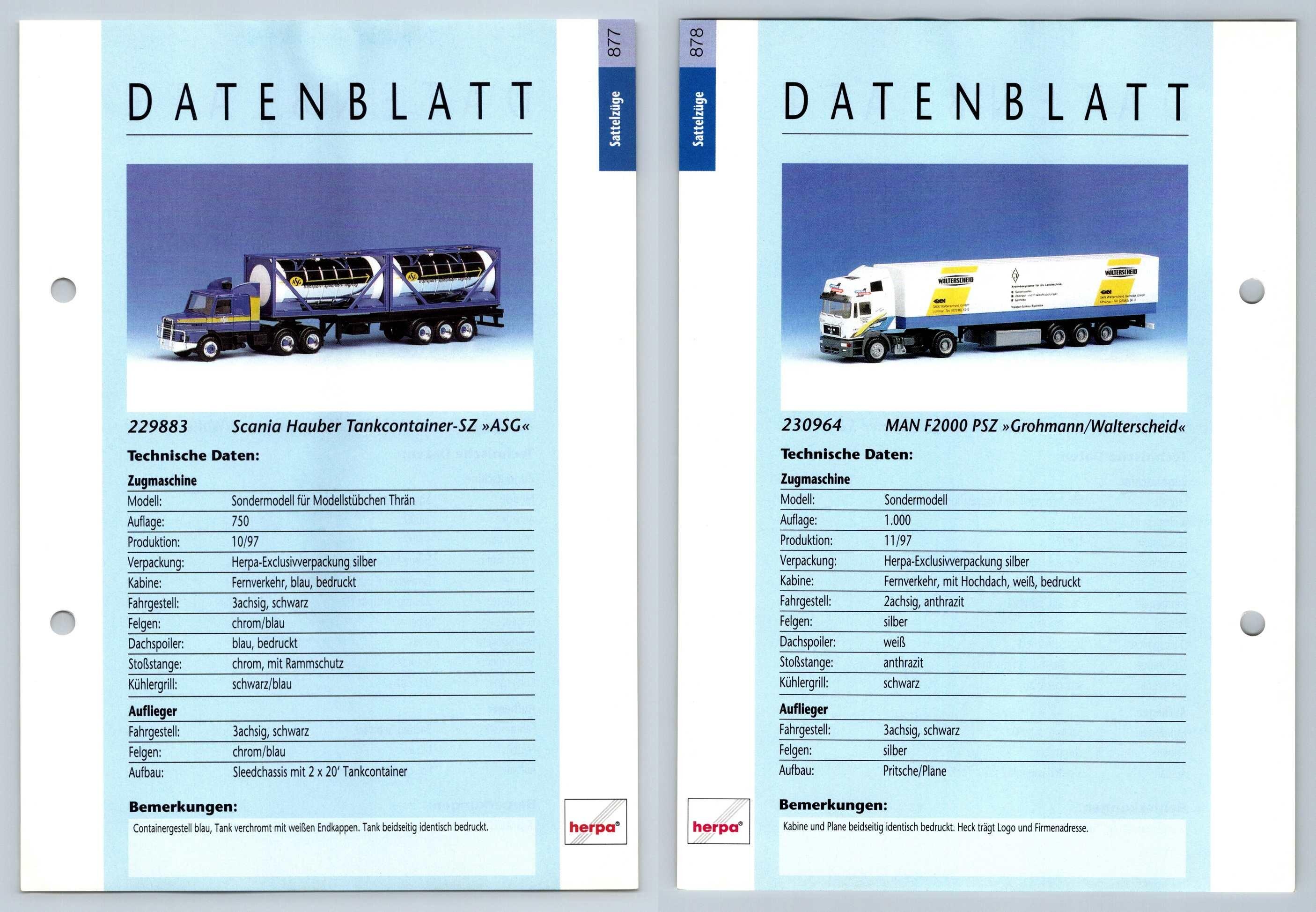 Scania Hauber Man F2000 877 8 Sattelzuge Datenblatt Herpa Data Sheet