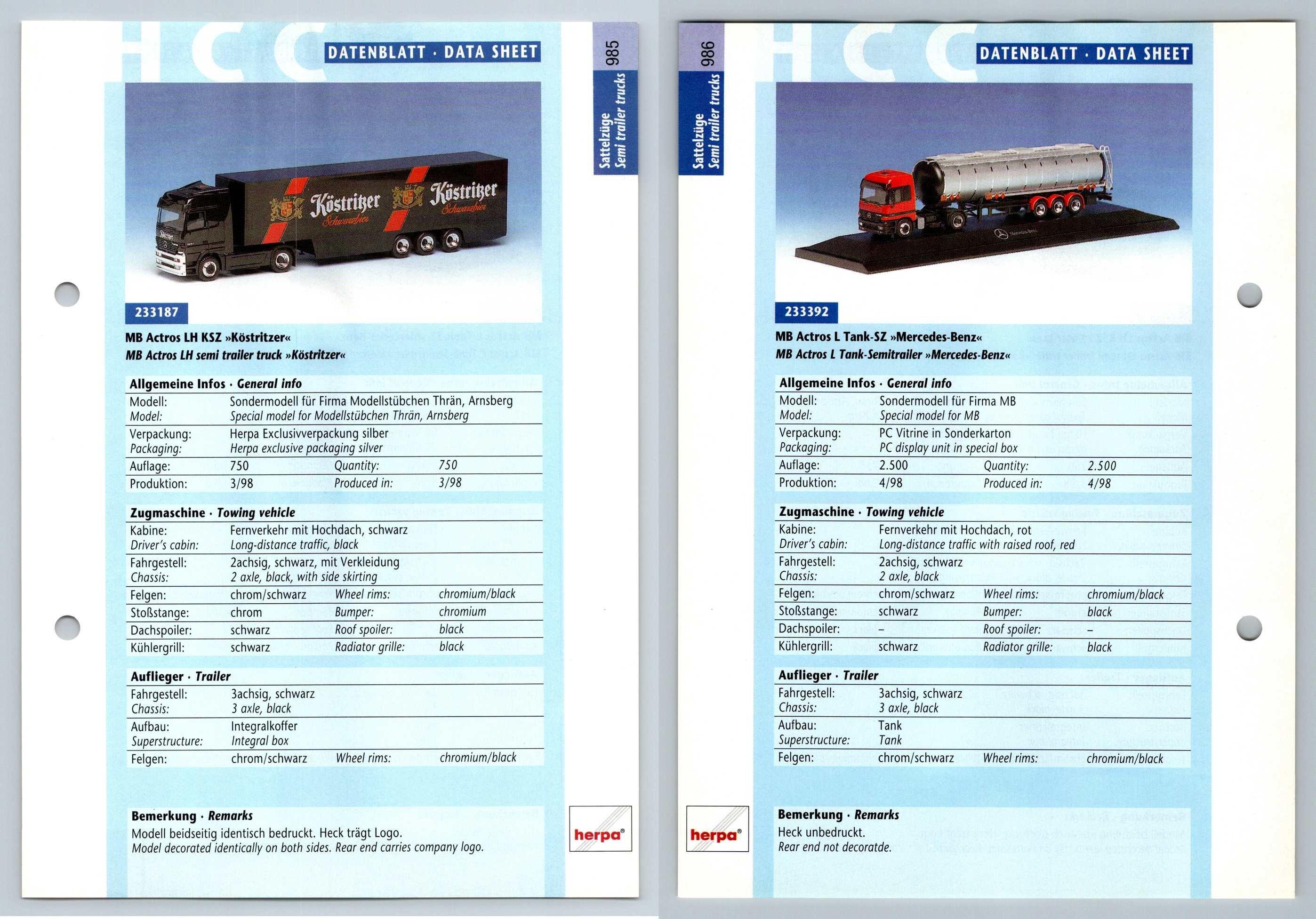 Mb Actros Lh L Tank Sz 985 6 Sattelzuge Datenblatt Herpa Data Sheet